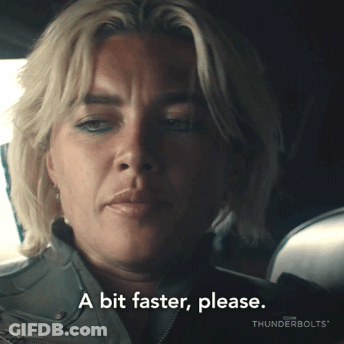 A Close Up Of A Woman 'S Face With The Words " A Bit Faster Please " GIF