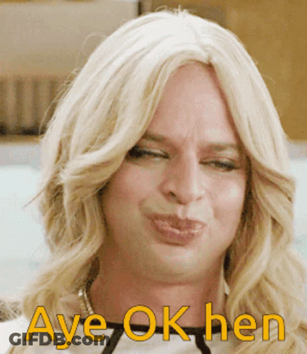 A Close Up Of A Woman 'S Face With The Words Aye Ok Hen Written On It GIF