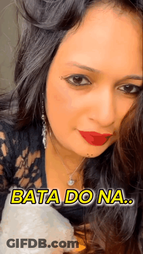A Close Up Of A Woman 'S Face With The Words Bata Do Na Written Above Her GIF