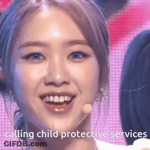 A Close Up Of A Woman 'S Face With The Words " Calling Child Protective Services " Below Her GIF