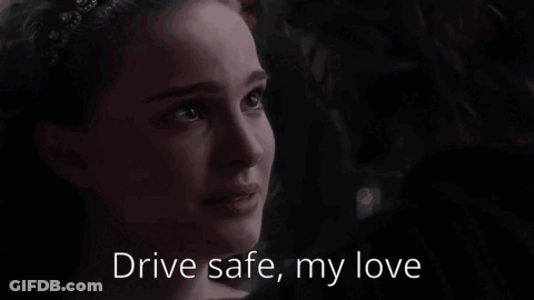 A Close Up Of A Woman 'S Face With The Words " Drive Safe My Love " Below Her GIF