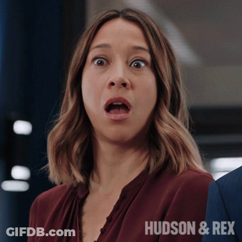 A Close Up Of A Woman 'S Face With The Words Hudson & Rex In The Corner GIF