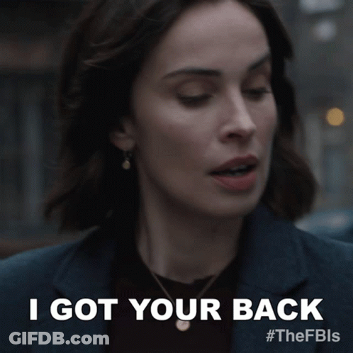 A Close Up Of A Woman 'S Face With The Words I Got Your Back Above Her GIF