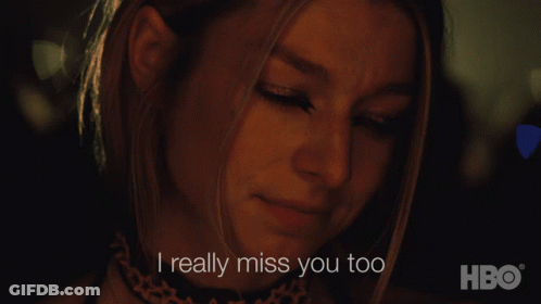 A Close Up Of A Woman 'S Face With The Words " I Really Miss You Too " Below Her GIF