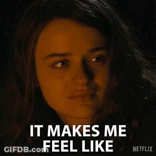A Close Up Of A Woman 'S Face With The Words " It Makes Me Feel Like " On The Bottom GIF