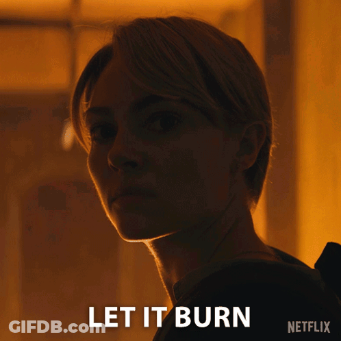 A Close Up Of A Woman 'S Face With The Words Let It Burn Written Below Her GIF