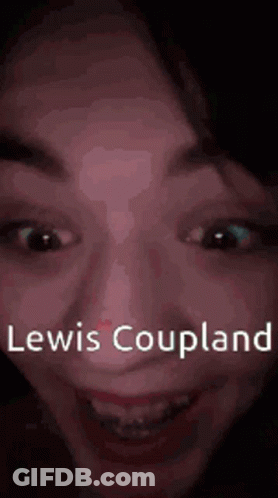 A Close Up Of A Woman 'S Face With The Words Lewis Coupland Written On It GIF