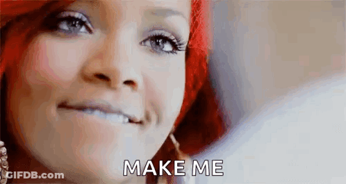 A Close Up Of A Woman 'S Face With The Words `` Make Me '' Written Next To Her . GIF