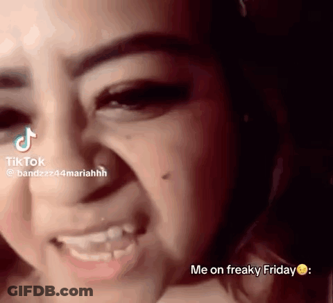 A Close Up Of A Woman 'S Face With The Words `` Me On Freaky Friday '' Written On The Bottom . GIF
