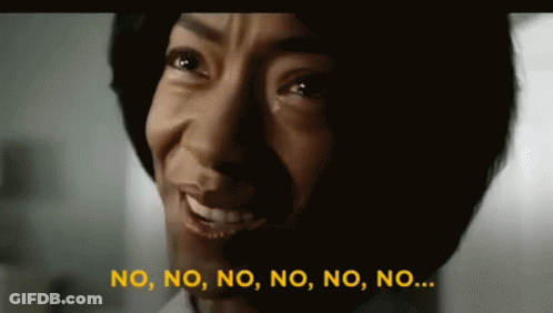 A Close Up Of A Woman 'S Face With The Words No , No , No , No , No , No GIF