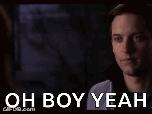 A Close Up Of A Woman 'S Face With The Words Oh Boy Yeah Above Her GIF