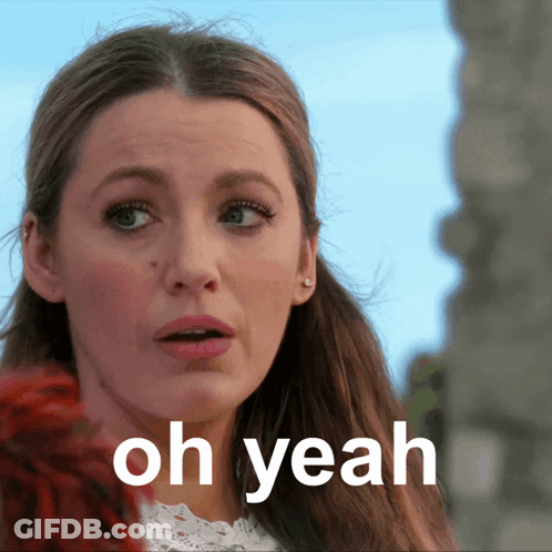 A Close Up Of A Woman 'S Face With The Words Oh Yeah On The Bottom GIF