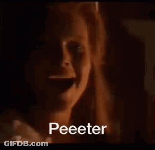A Close Up Of A Woman 'S Face With The Words Peeeter Written Above Her . GIF