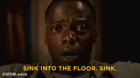 A Close Up Of A Woman 'S Face With The Words `` Sink Into The Floor . Sink '' Written Above Her . GIF