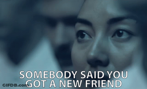 A Close Up Of A Woman 'S Face With The Words Somebody Said You Got A New Friend Above Her GIF