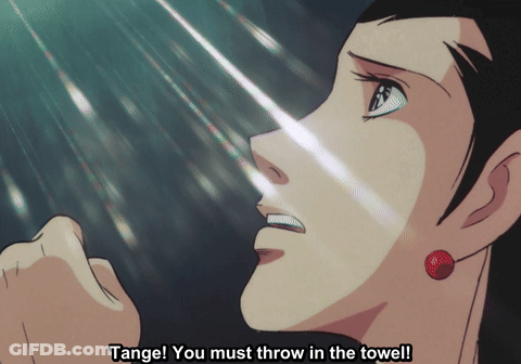 A Close Up Of A Woman 'S Face With The Words Tange You Must Throw In The Towel GIF