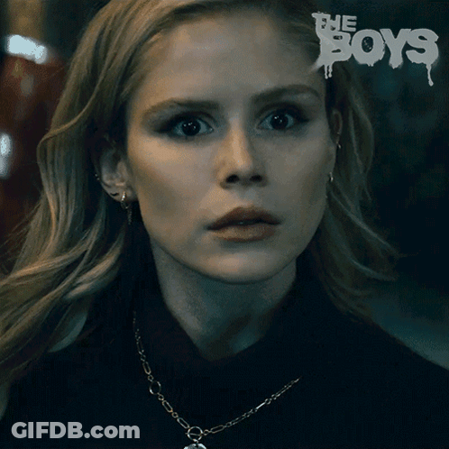 A Close Up Of A Woman 'S Face With The Words " The Boys " On The Bottom GIF