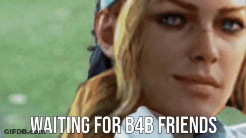 A Close Up Of A Woman 'S Face With The Words `` Waiting For B4b Friends '' Written Below Her . GIF