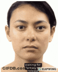 A Close Up Of A Woman 'S Face With The Words Waiting For Fantasy Release On The Bottom GIF