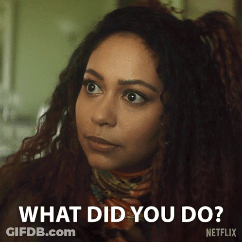 A Close Up Of A Woman 'S Face With The Words What Did You Do Below Her GIF