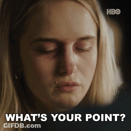 A Close Up Of A Woman 'S Face With The Words " What 'S Your Point " Below It GIF