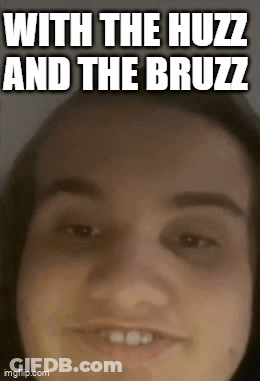 A Close Up Of A Woman 'S Face With The Words " With The Huzz And The Bruzz " Above Her GIF