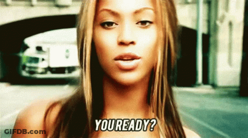 A Close Up Of A Woman 'S Face With The Words `` You Ready '' Written Above Her . GIF