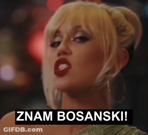 A Close Up Of A Woman 'S Face With The Words Znam Bosanski Below Her GIF