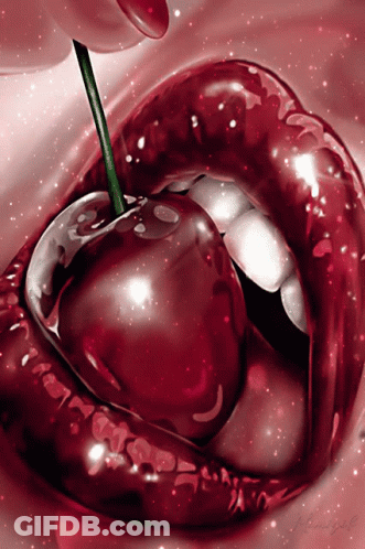 A Close Up Of A Woman 'S Lips With A Cherry Sticking Out Of Them GIF