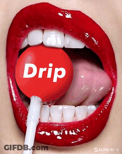 A Close Up Of A Woman 'S Mouth With A Red Lollipop That Says Drip GIF