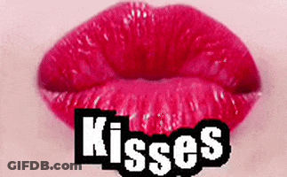 A Close Up Of A Woman 'S Red Lips With The Words `` Kisses '' Written Above Them . GIF