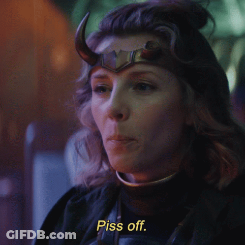 A Close Up Of A Woman With Horns And The Words Piss Off GIF