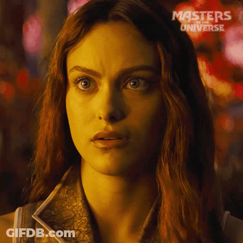 A Close Up Of A Woman With Masters Of The Universe Written On The Bottom GIF