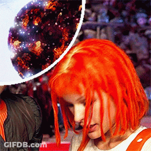 A Close Up Of A Woman With Red Hair And A Picture Of A Planet In The Background GIF