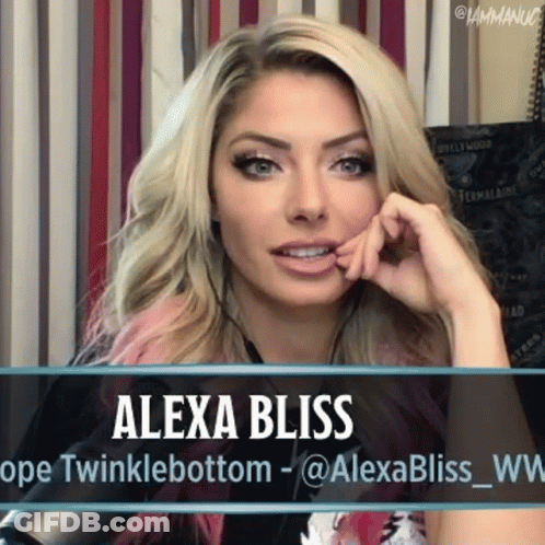 A Close Up Of A Woman With The Name Alexa Bliss On The Bottom GIF
