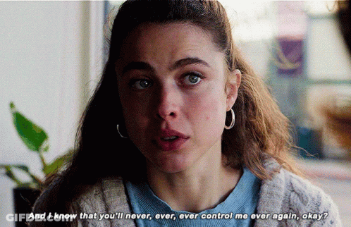 A Close Up Of A Woman With The Words " And I Know That You 'Ll Never Ever Ever Control Me Ever Again Okay " GIF