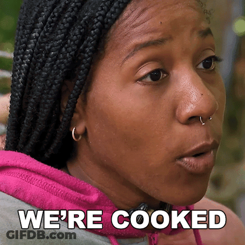 A Close Up Of A Woman With The Words We 'Re Cooked Below Her GIF