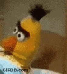 A Close Up Of A Yellow Angry Bird With Big Eyes GIF