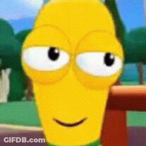 A Close Up Of A Yellow Cartoon Character With Big Eyes And A Smile On His Face . GIF