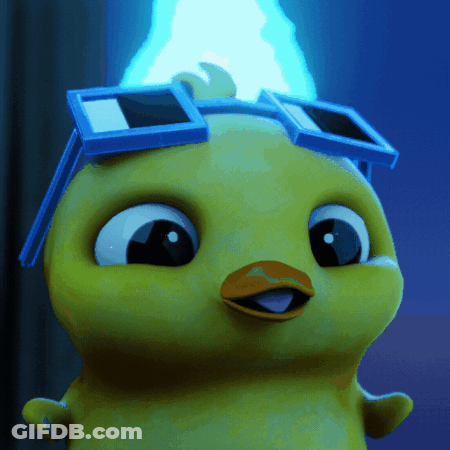 A Close Up Of A Yellow Cartoon Duck Wearing Blue Sunglasses GIF