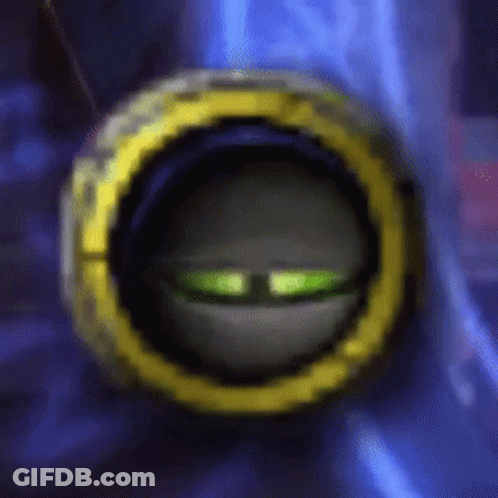 A Close Up Of A Yellow Circle With Green Eyes On A Blue Background GIF