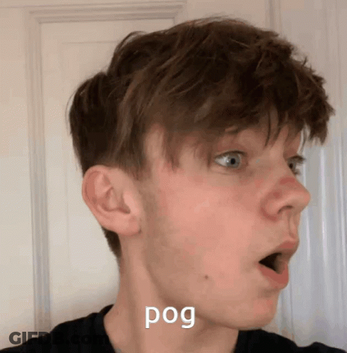 A Close Up Of A Young Man 'S Face With The Word Pog On The Bottom Right GIF