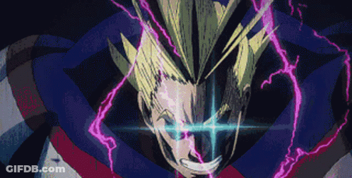 A Close Up Of All Might 'S Face With Lightning Bolts Coming Out Of His Eyes GIF