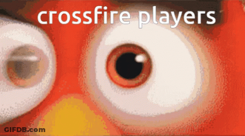 A Close Up Of An Angry Bird 'S Eyes With The Words Crossfire Players Written Above It GIF