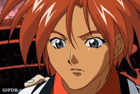 A Close Up Of An Anime Character With Red Hair And Blue Eyes GIF