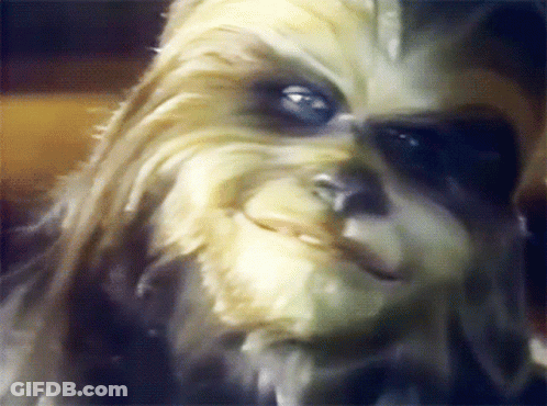 A Close Up Of Chewbacca 'S Face With A Beard And Blue Eyes GIF