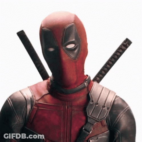 A Close Up Of Deadpool 'S Face With Two Swords On His Shoulder GIF