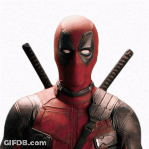 A Close Up Of Deadpool 'S Face With Two Swords On His Shoulders . GIF