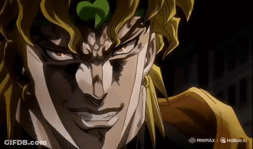 A Close Up Of Dio From Jojo 'S Bizarre Adventure With A Black Background GIF