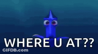 A Close Up Of Dory 'S Eyes With The Words `` Where U At ? '' Written Below Them . GIF